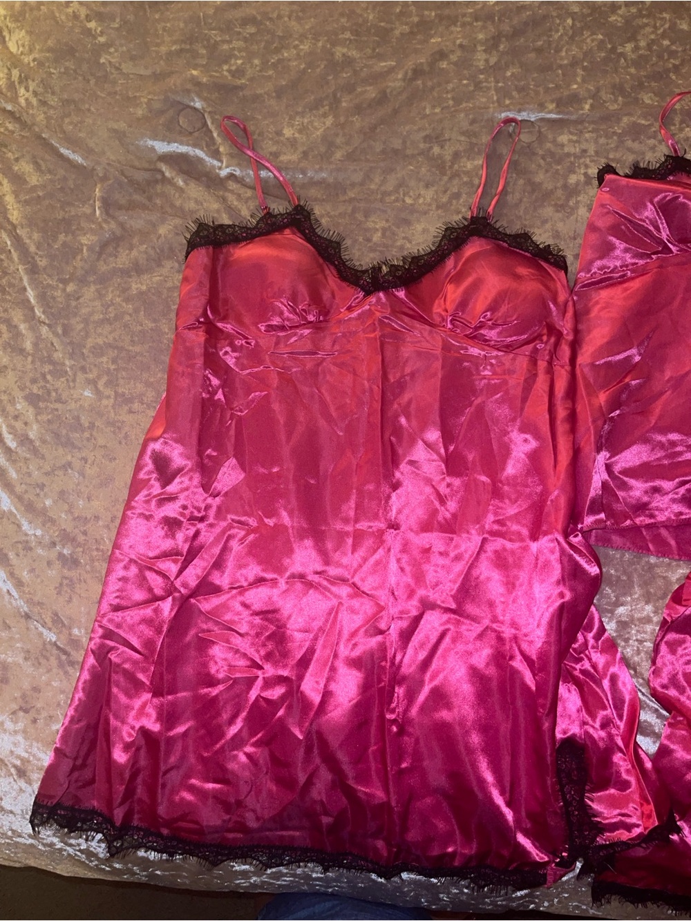 Women's Satin Slip Chemise with Lace Trim - Pink
